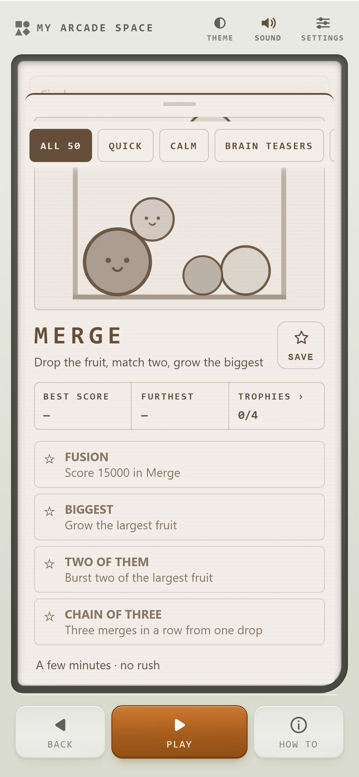 Each game opens on a looping preview, its best score and trophies.