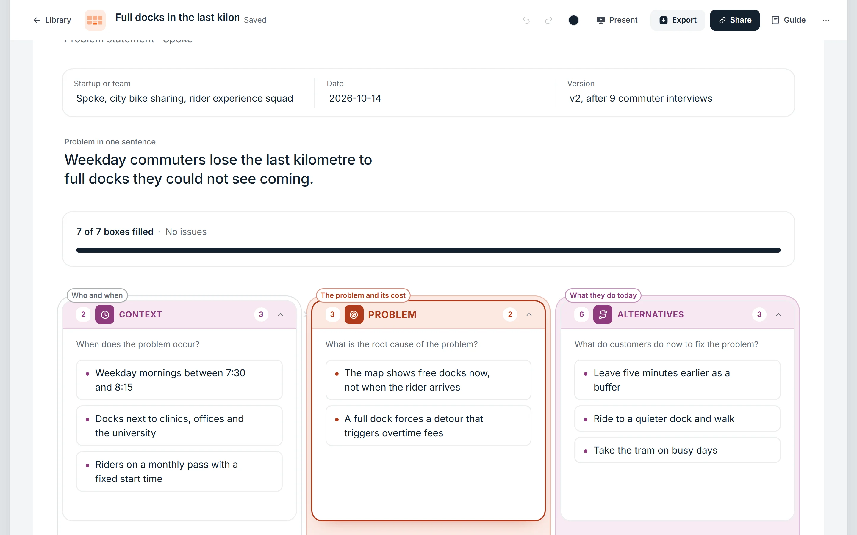 The Problem Statement Canvas, with its one-sentence headline and fill progress.