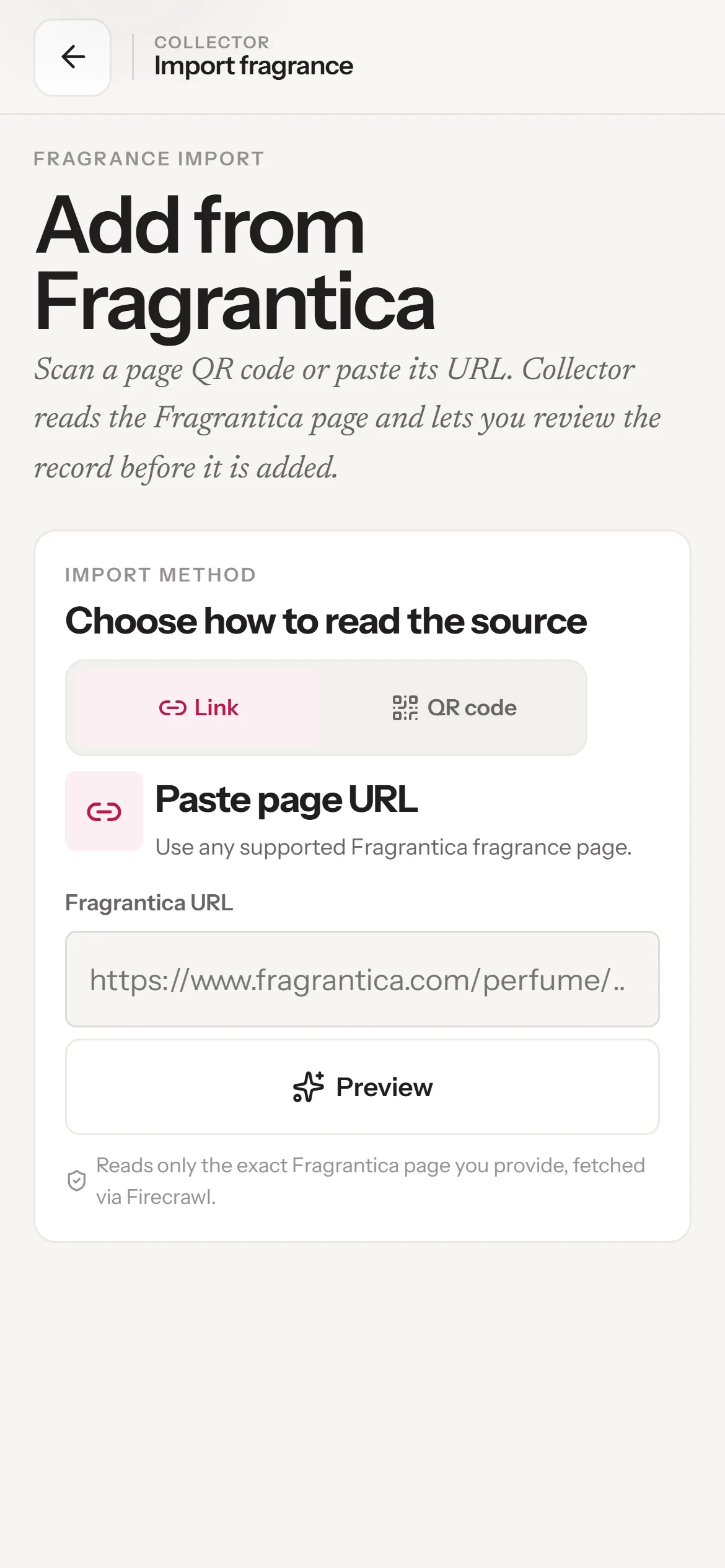 Adding a fragrance from a Fragrantica link or QR code, reviewed before it's saved.