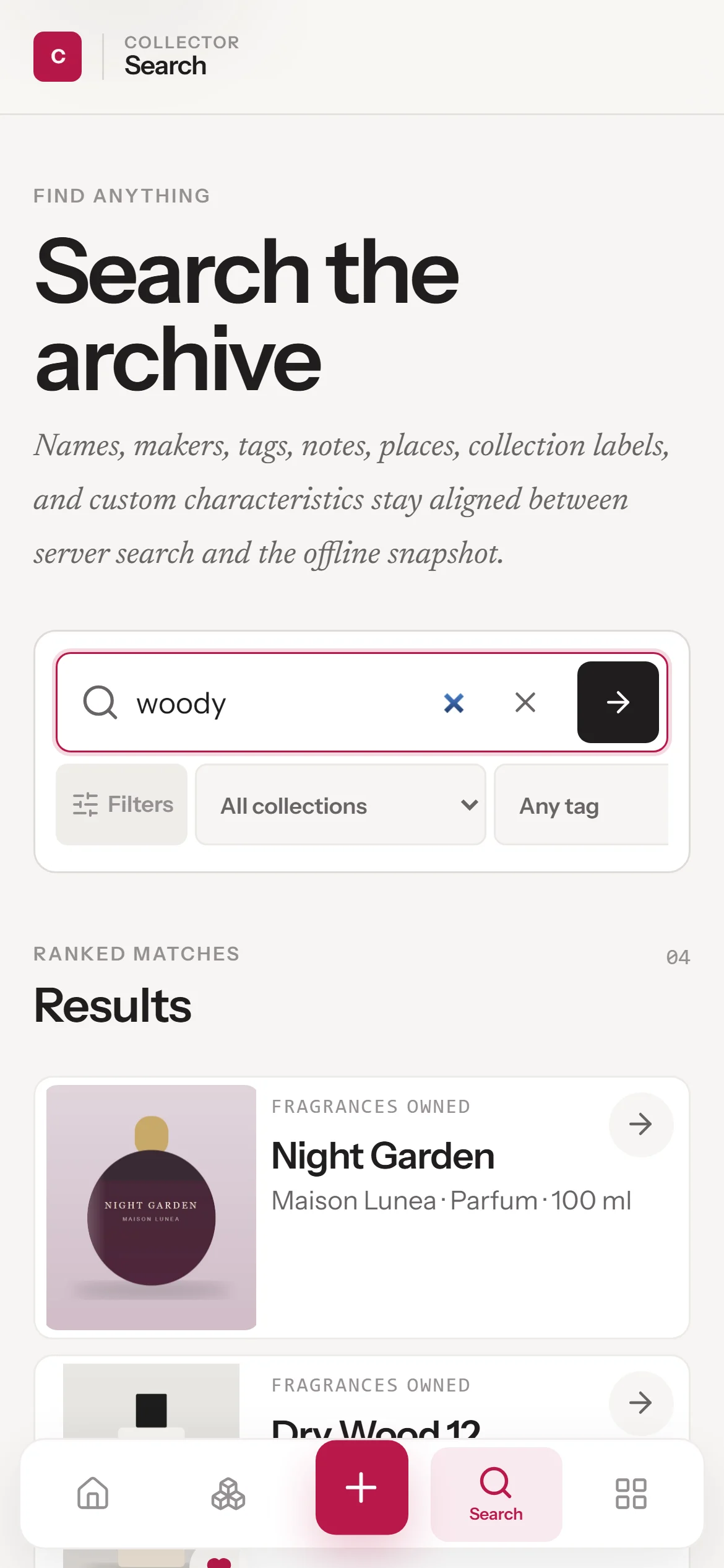One search across names, makers, notes and custom fields.