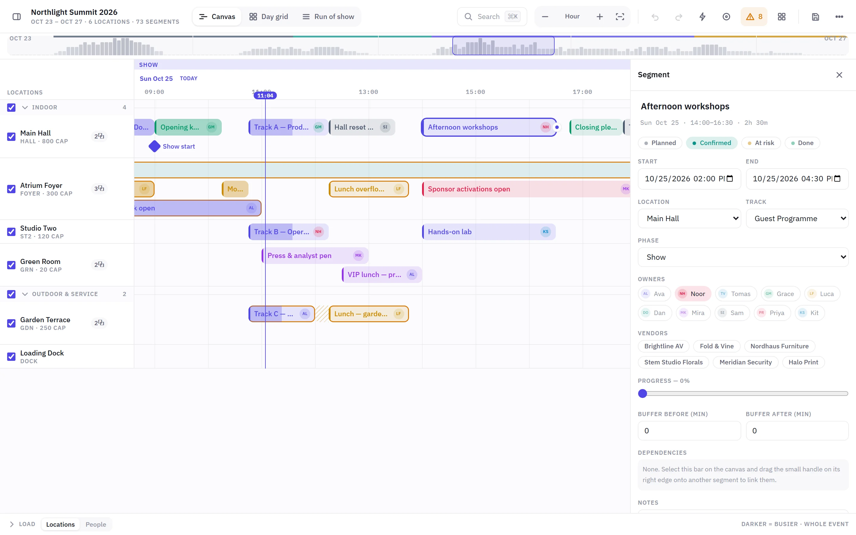 An item opened: time, room, track, owners and vendors in one panel.