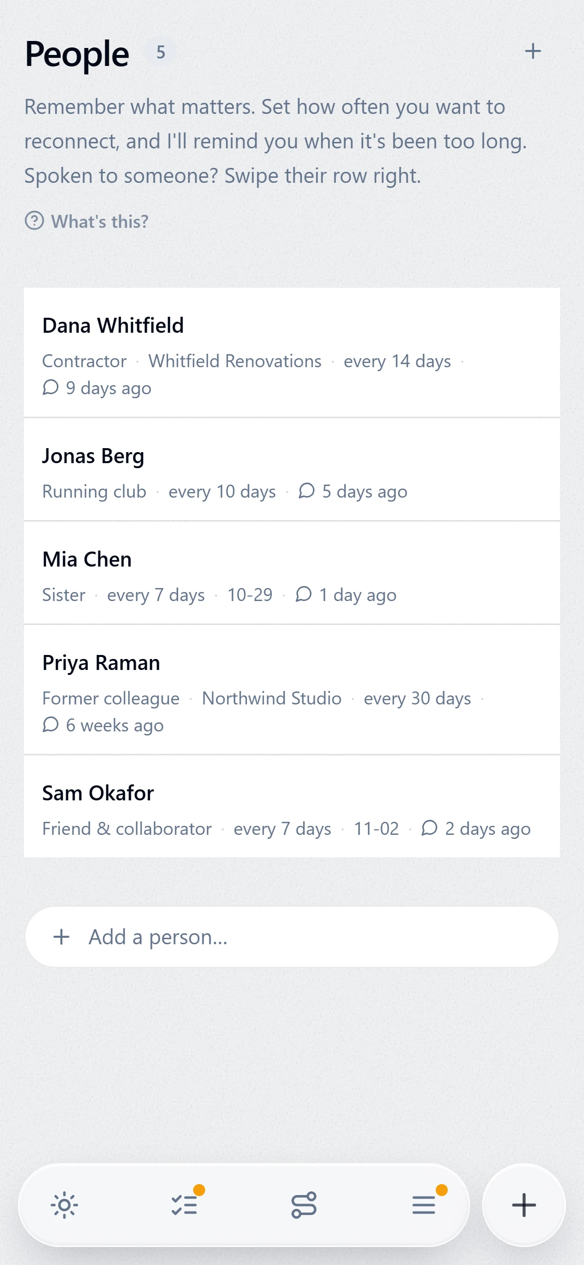 People to stay in touch with: how often, birthdays, when you last spoke.