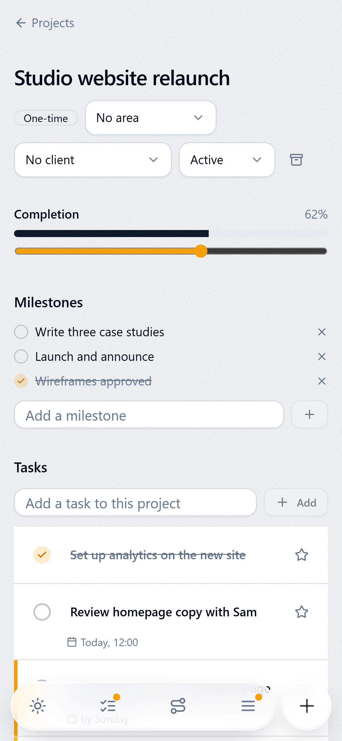 A project with its milestones, progress and its own tasks.