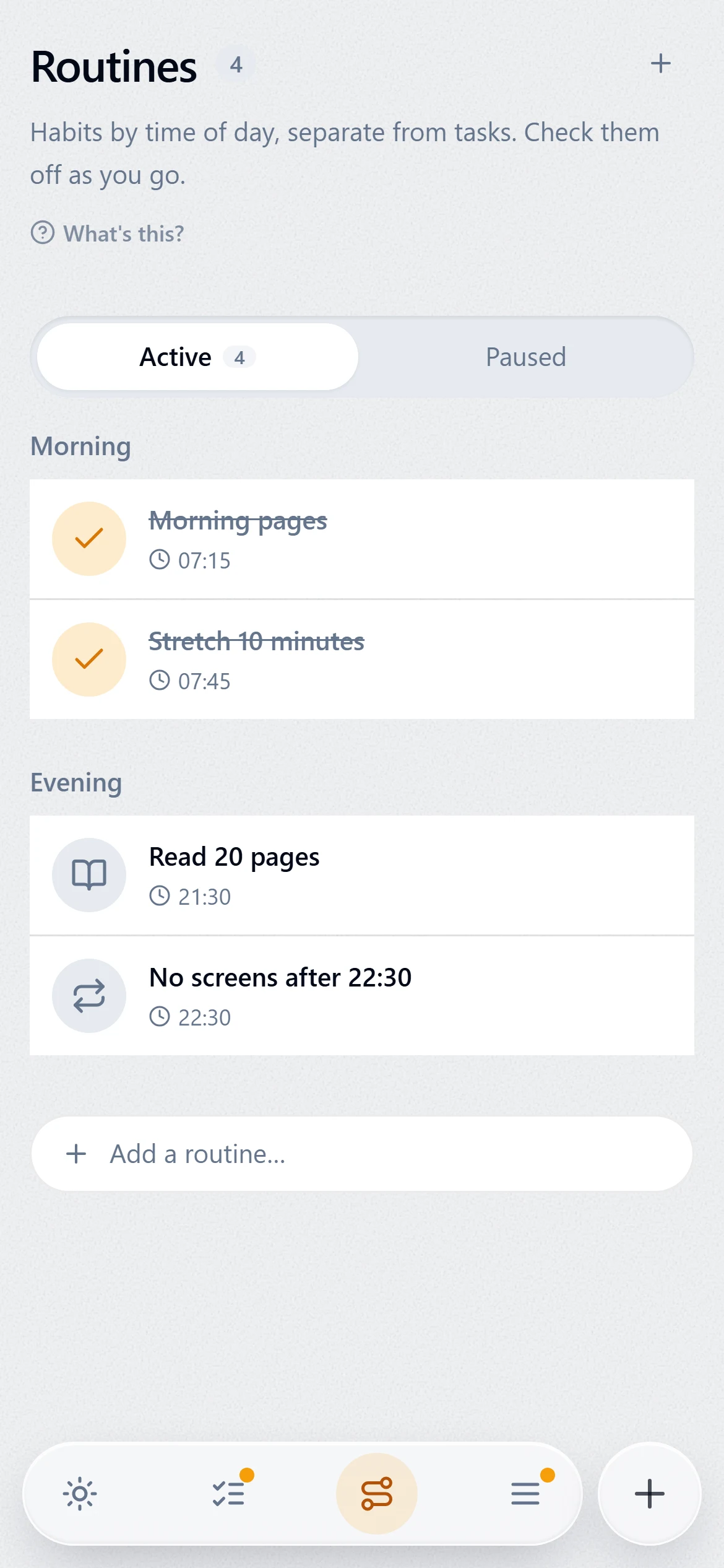 Routines, grouped into morning and evening, ticked off as the day goes.