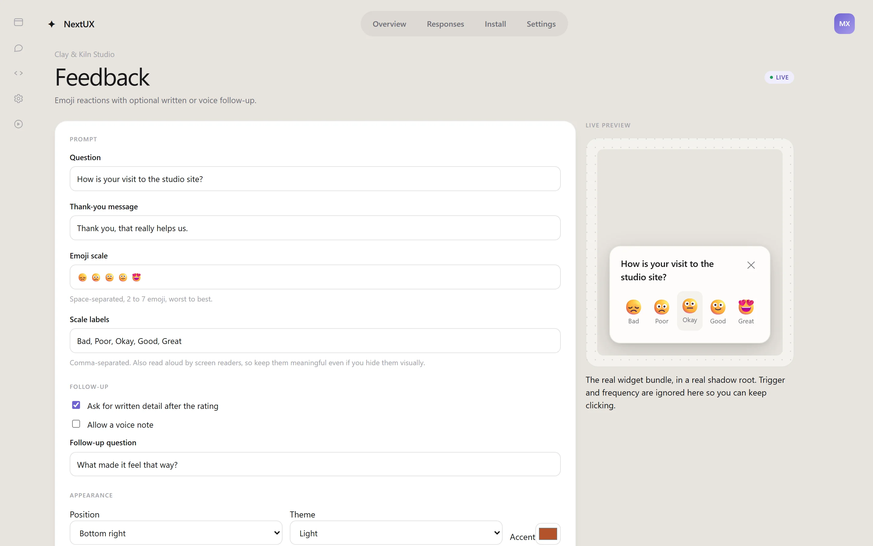 The feedback editor with a live preview of the real widget.