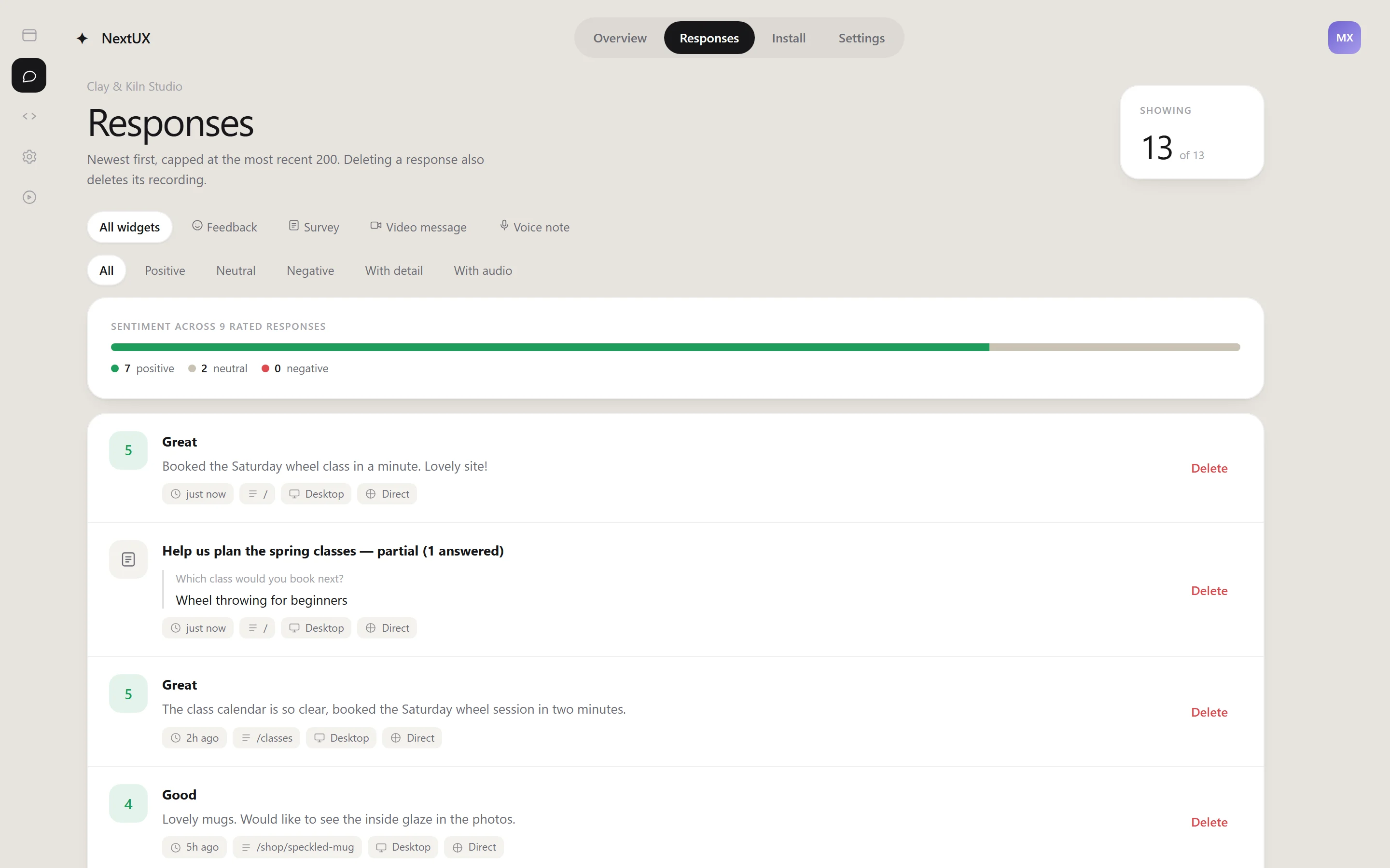 All responses in one feed, with sentiment, page and device.