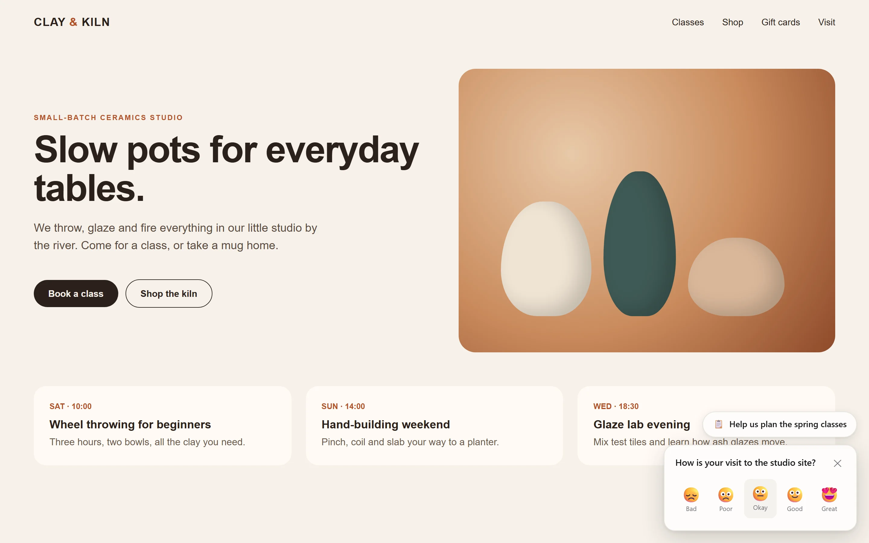 Feedback and a survey running on an invented ceramics studio site, from one script tag.