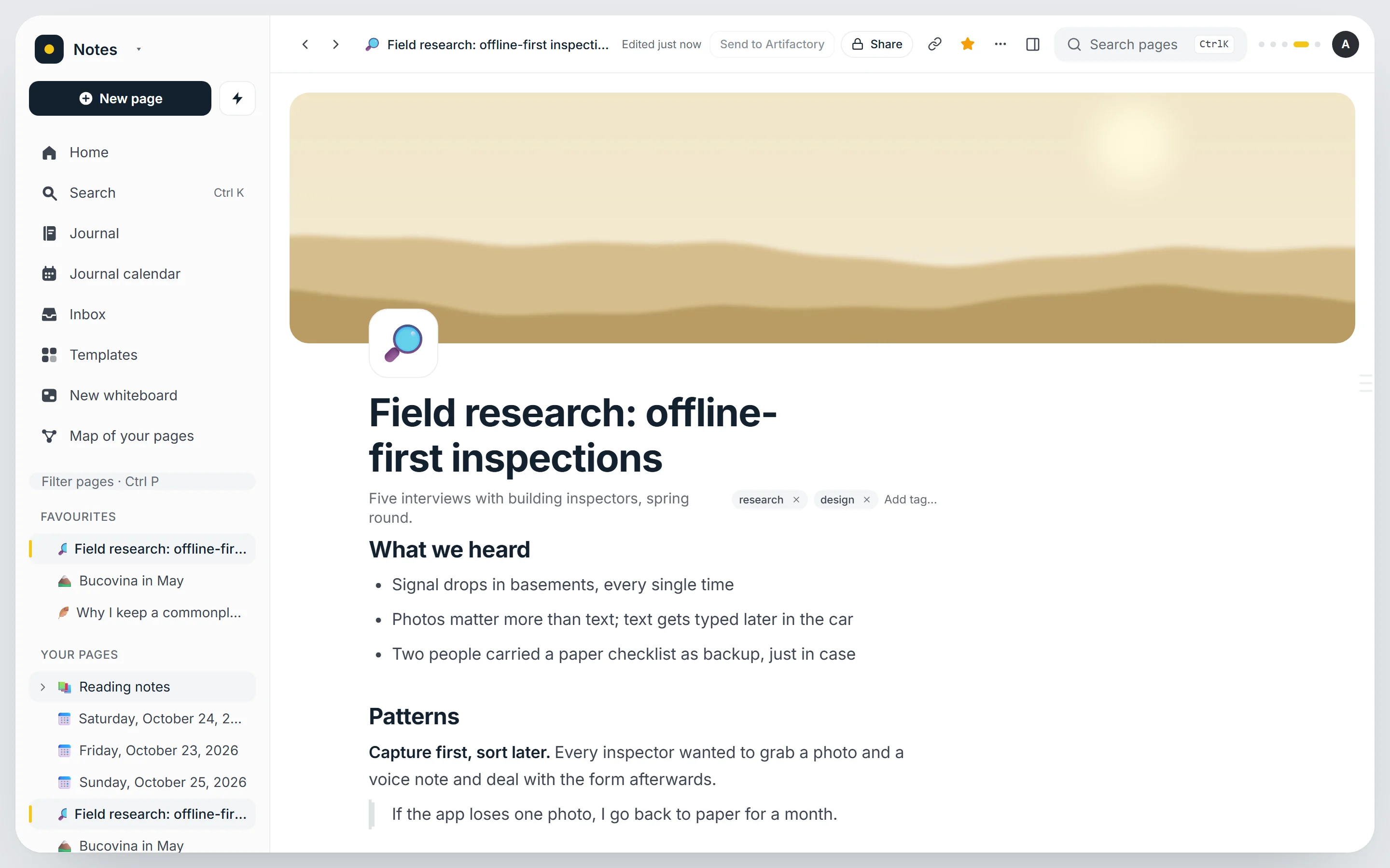A research page: lists, quotes and to-dos in one document.
