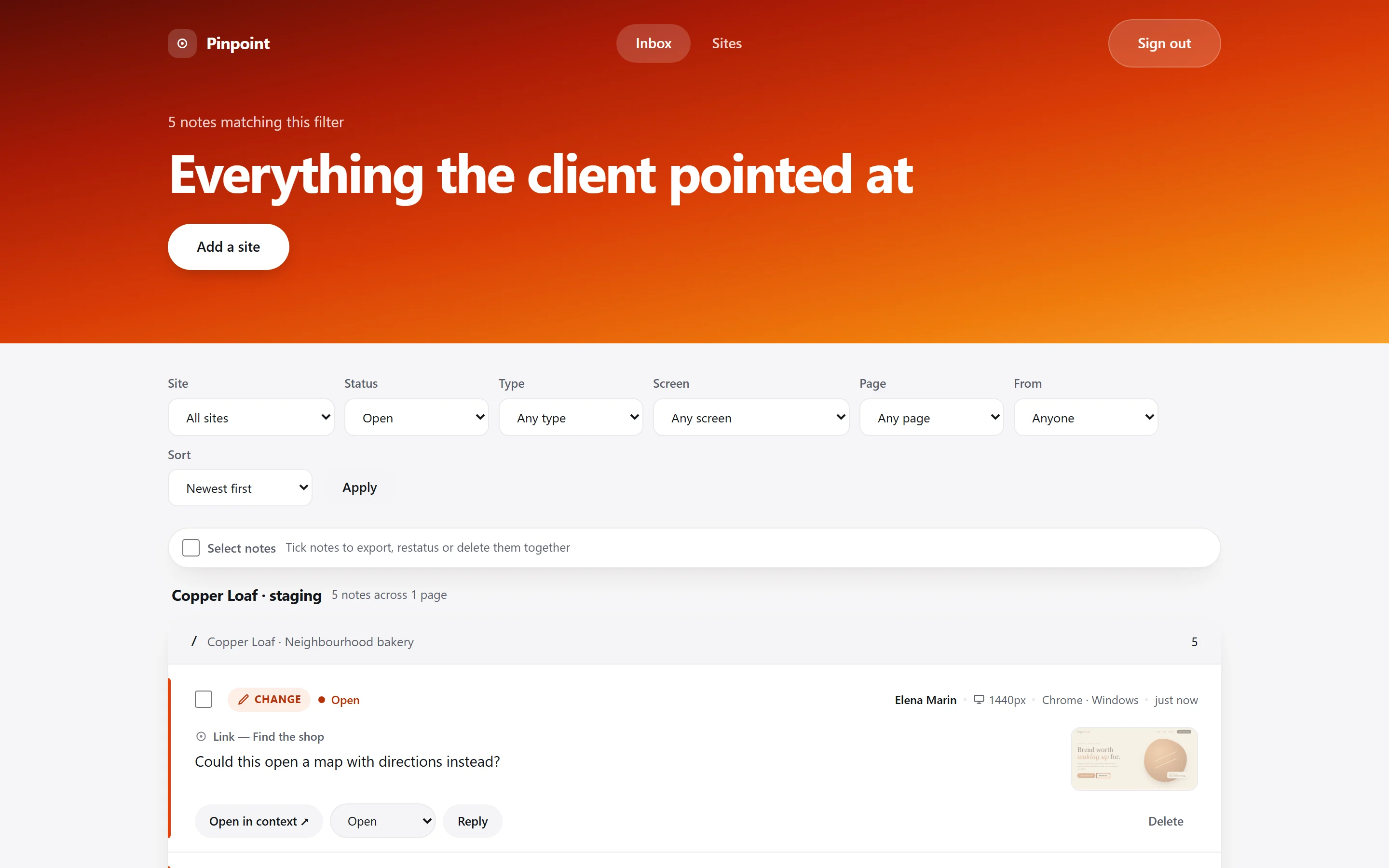 The admin inbox: every open note, grouped by site and page.