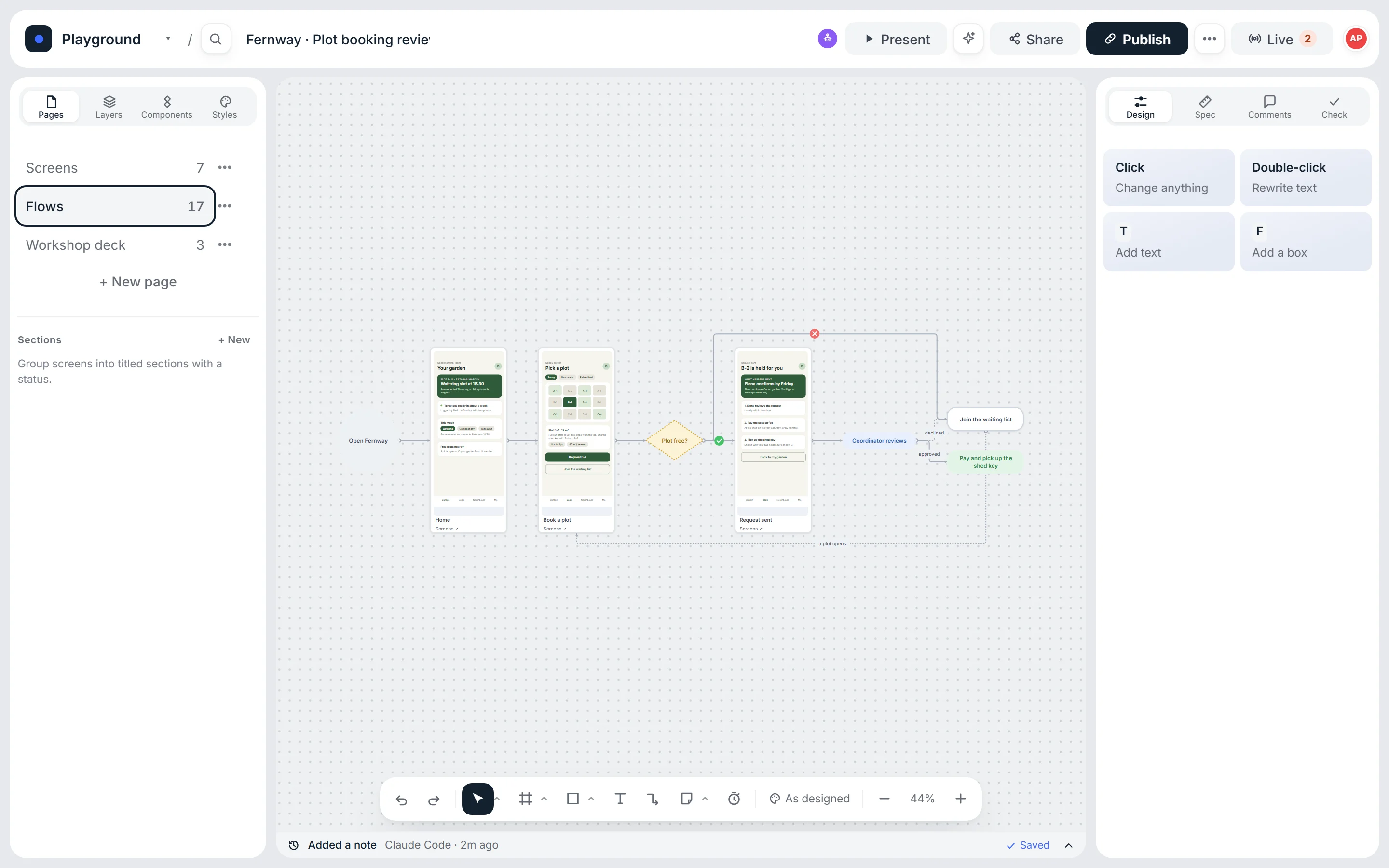 Flows: the booking journey drawn between the real screens.