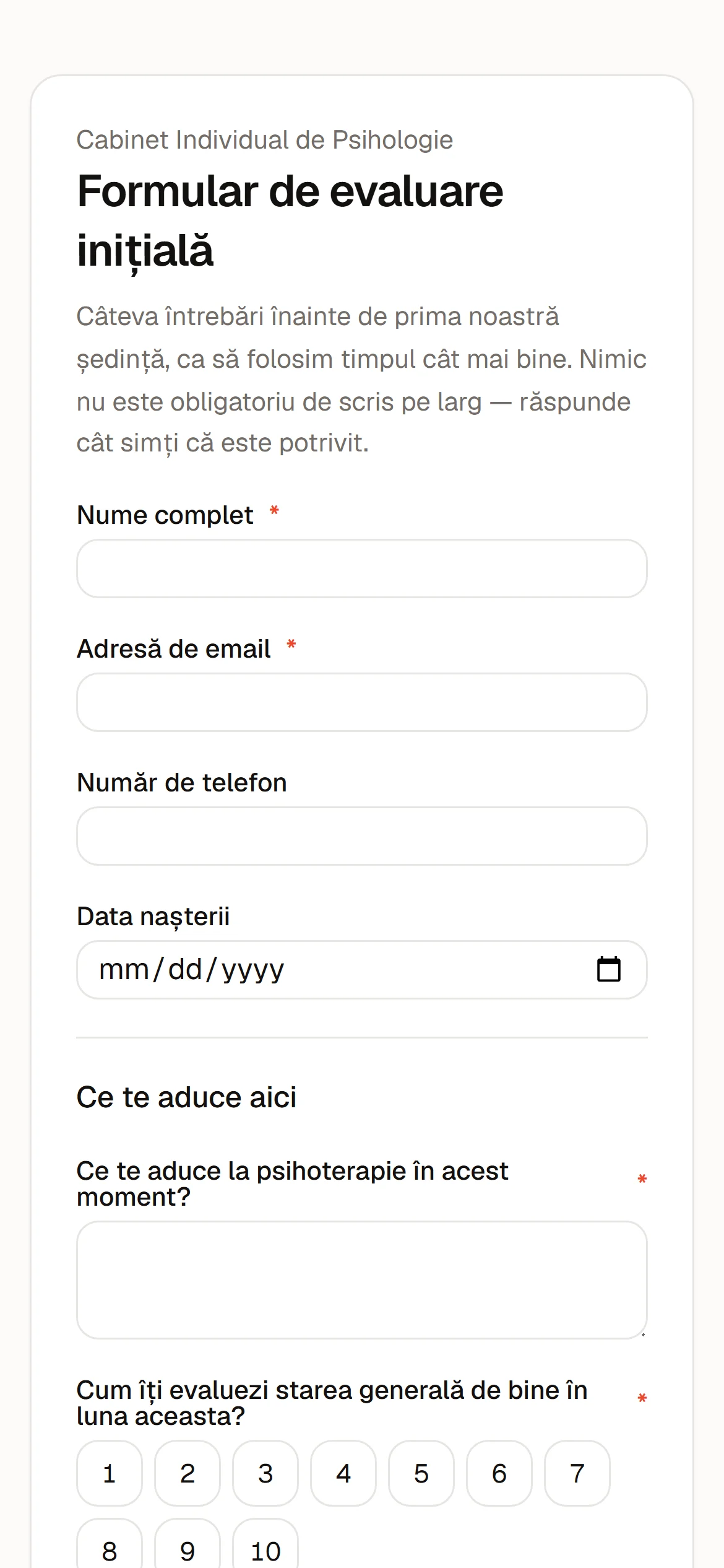 The intake form a new client fills in on their phone, from a private link.
