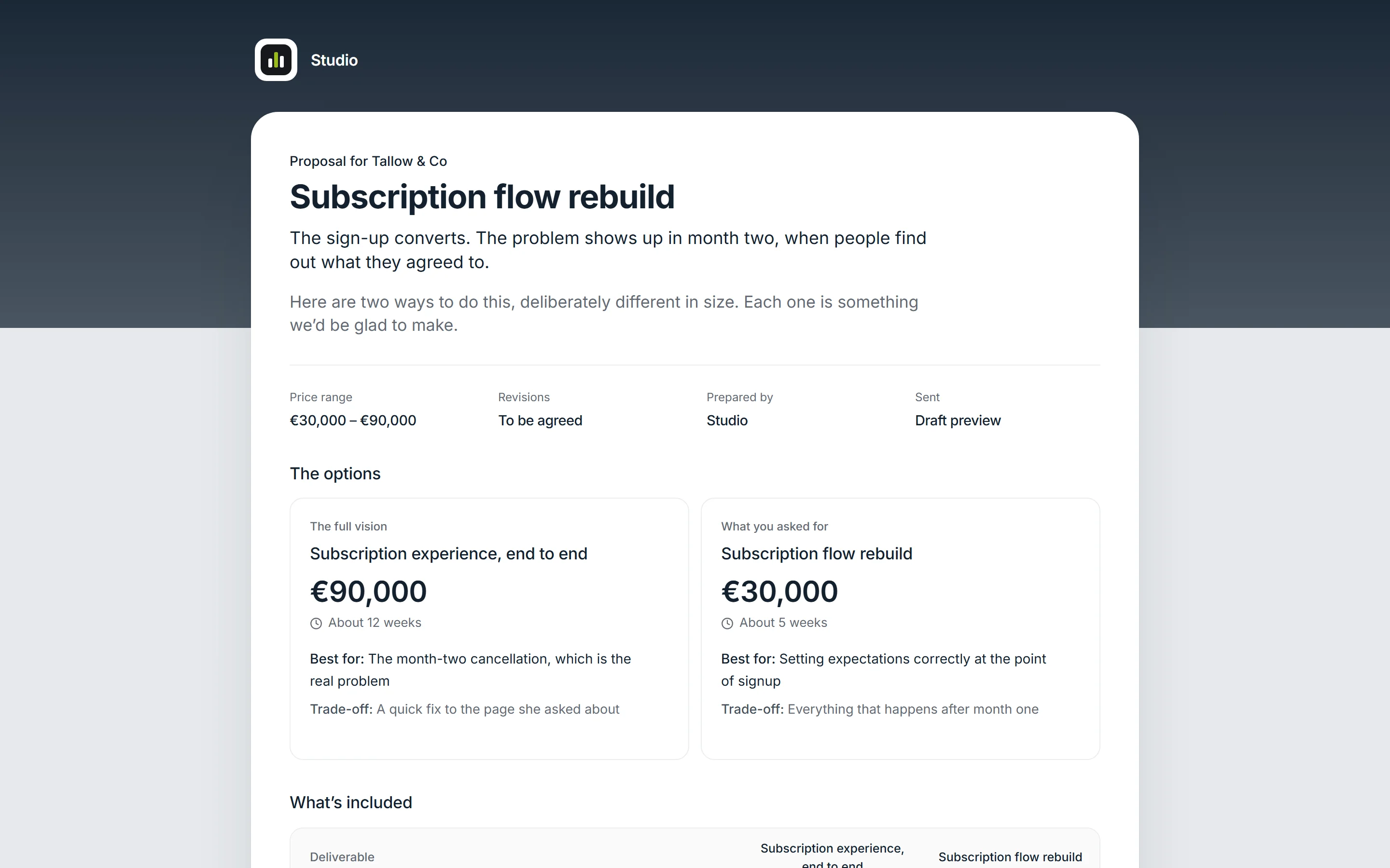 The same proposal on the client's private page.