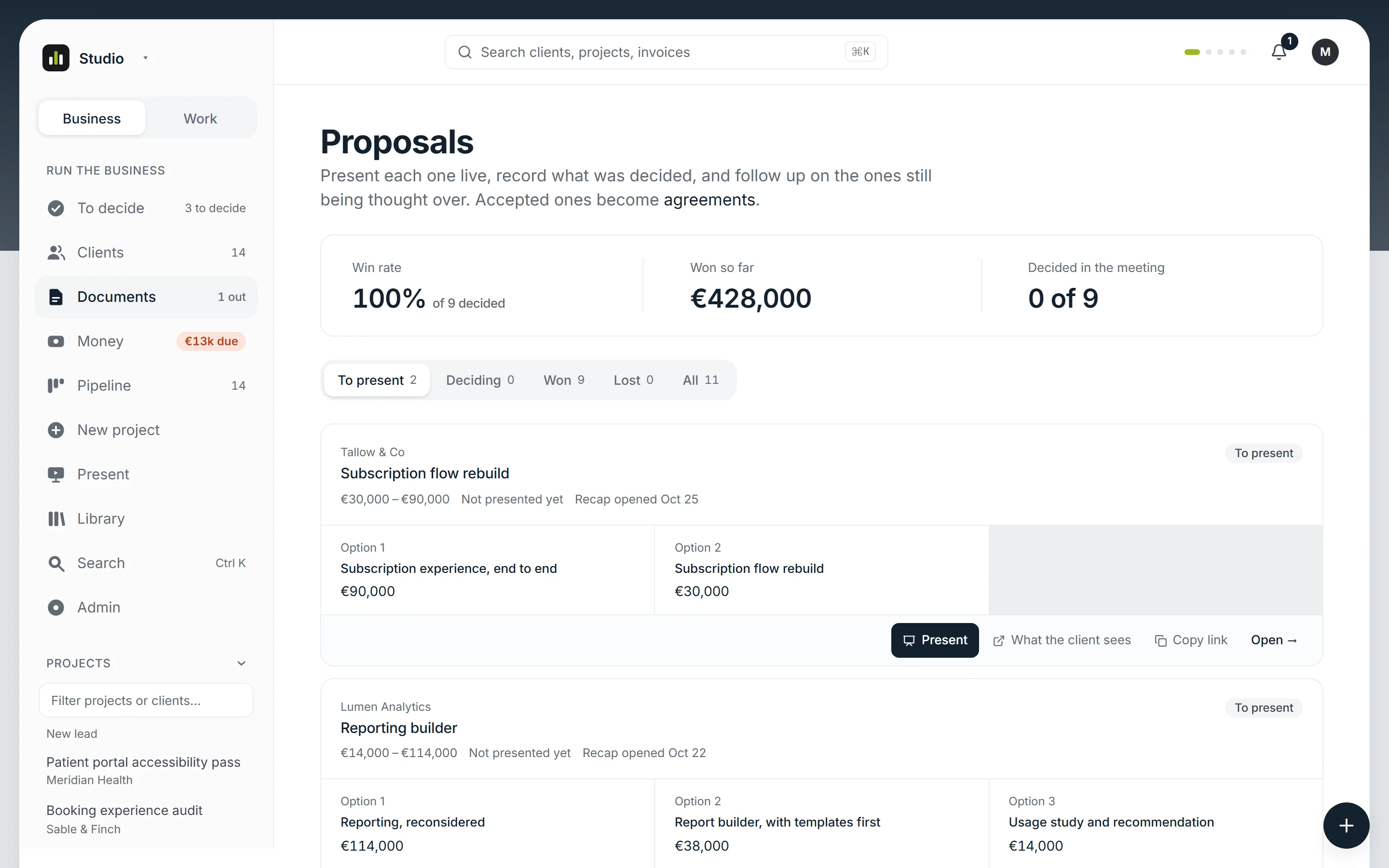 Proposals waiting to be presented, each one a click away from the deck.