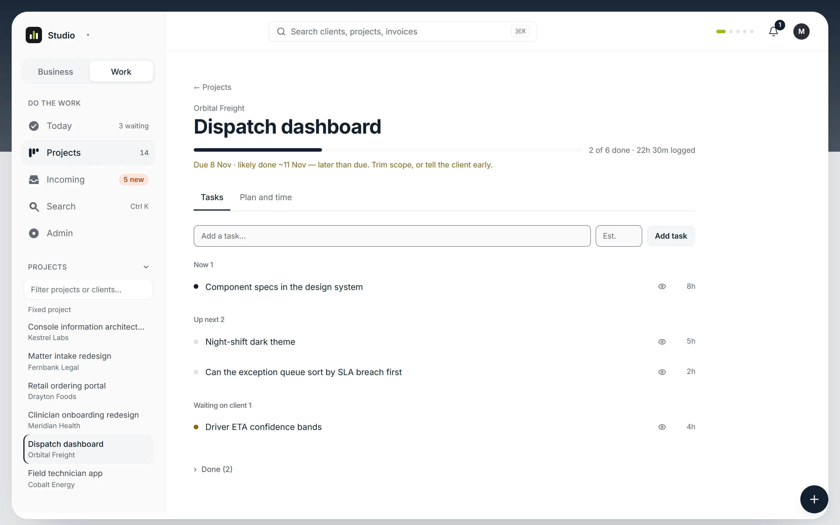 Work mode: a project's tasks, time logged and likely finish date.