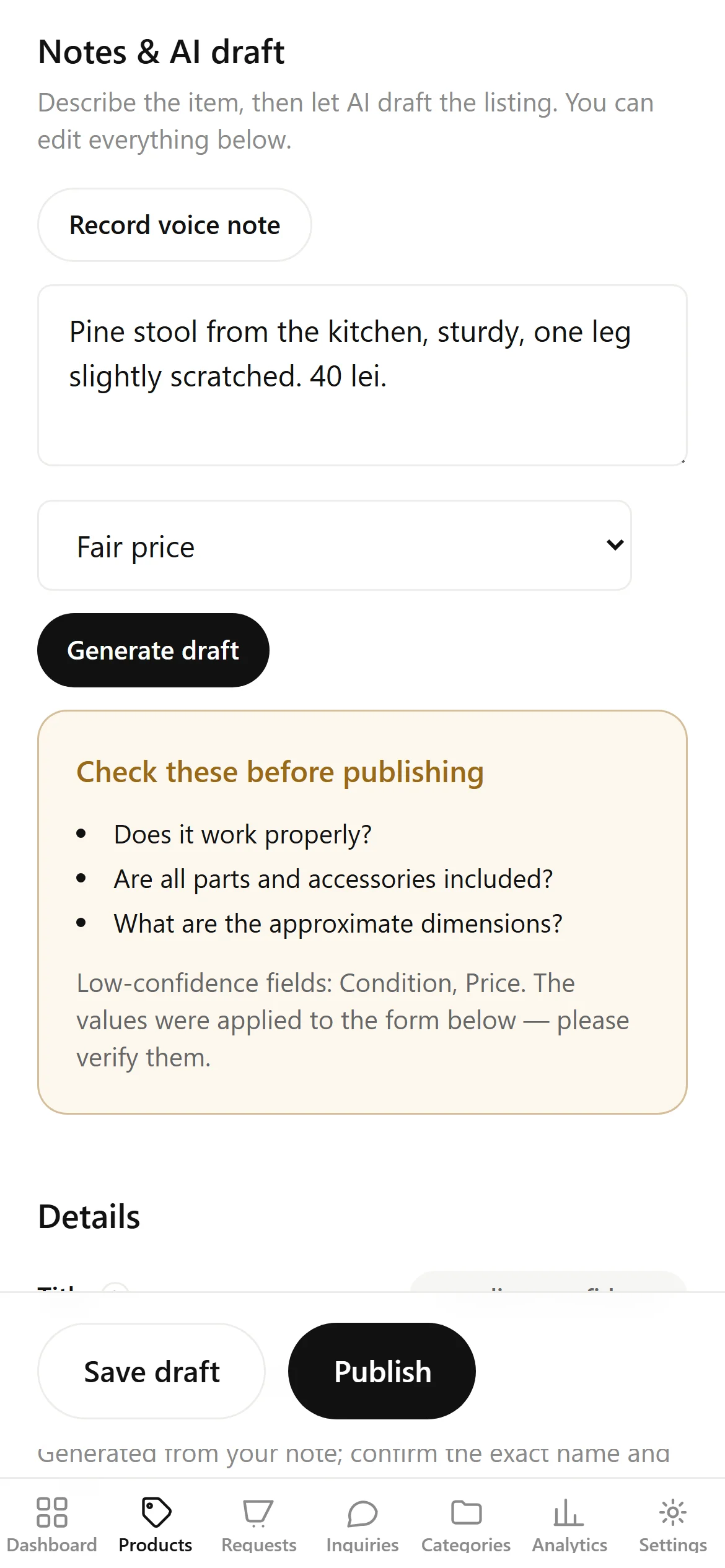 The phone admin: a note, a pricing mode and an AI draft to review.
