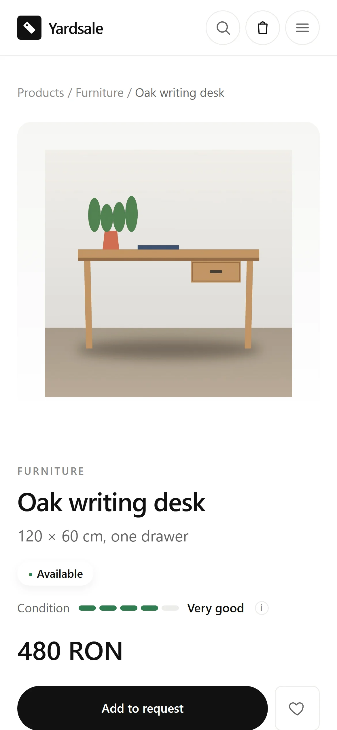 A product page: condition, price and one button to add it to the request.