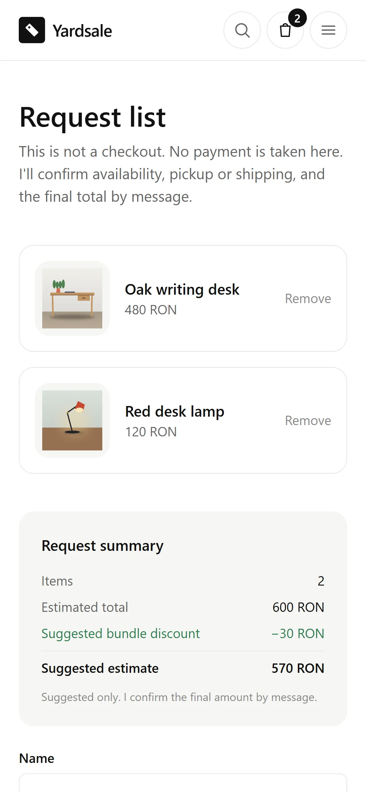 The request list: not a checkout, just the items and a suggested total.